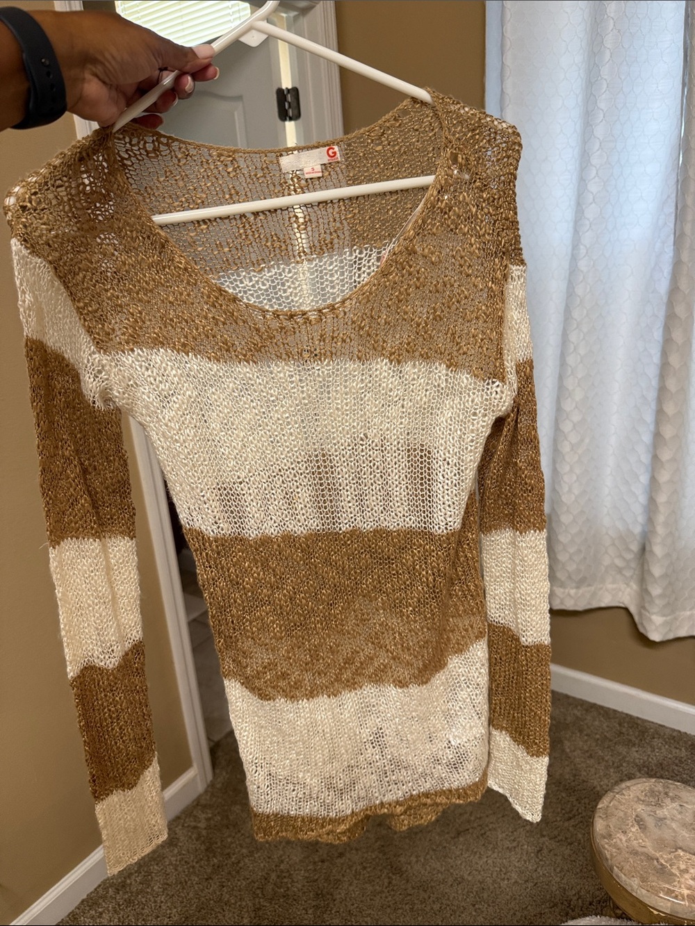 Guess Lightweight Striped Knit Sweater - Cream & Brown